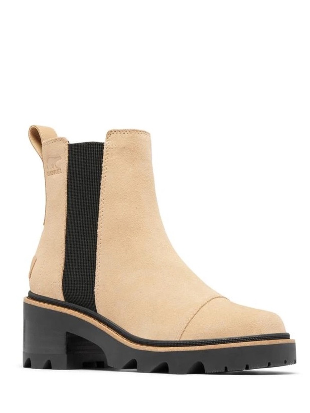 Sorel Joan Now Waterproof Chelsea Boot Canoe Suede Leather Tan Beige Lug Sole